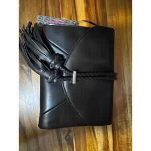 New Glitzy Girlz Black Faux Leather Envelope Bag with Fringe Tassel